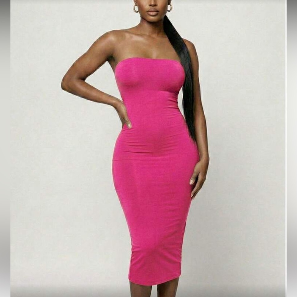 Strapless Bodycon Midi Dress in Hot Pink